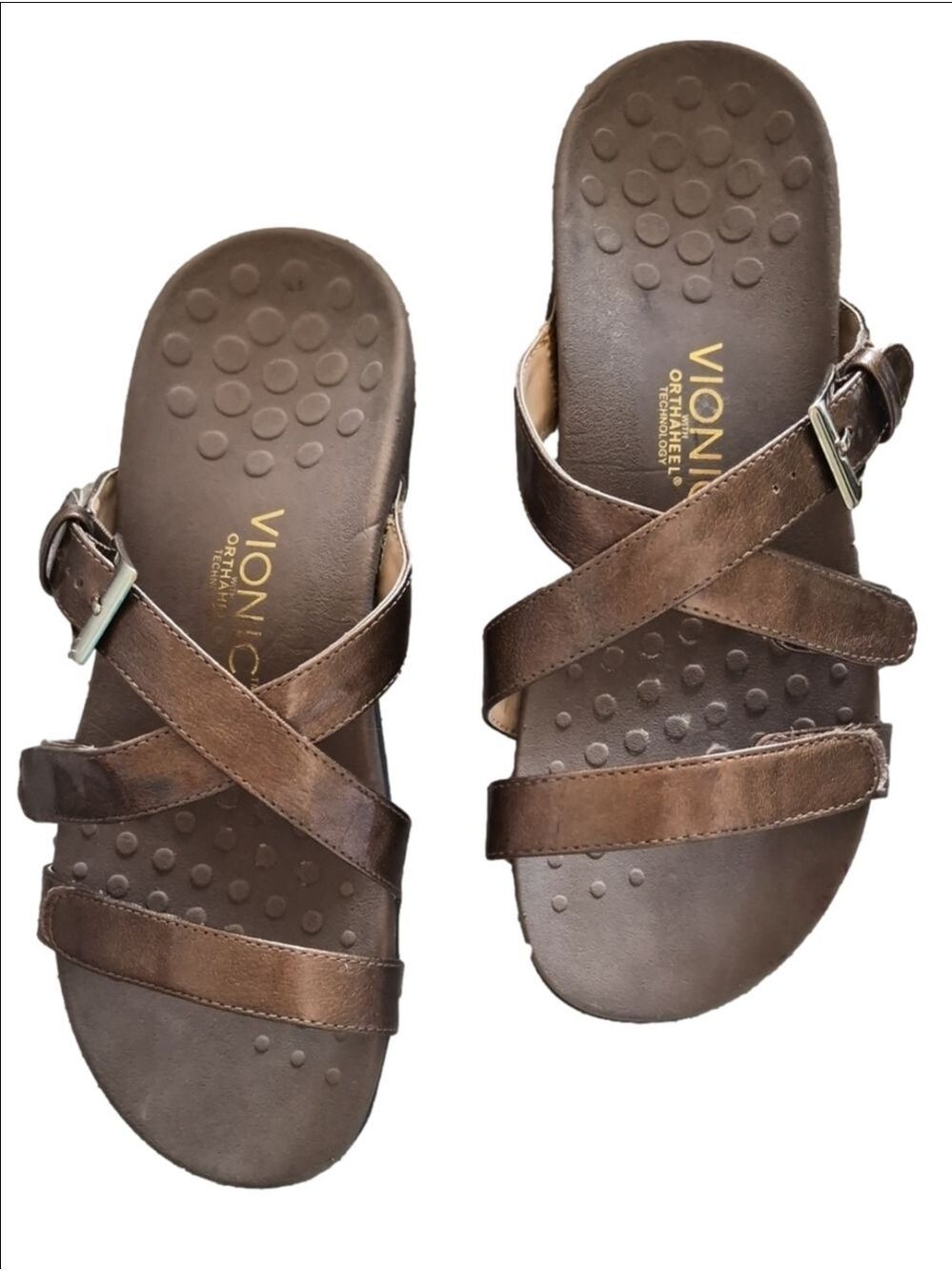Vionic with Orthaheel Technology Kira Metallic Tan Sandals Women's Size 8 EU 39